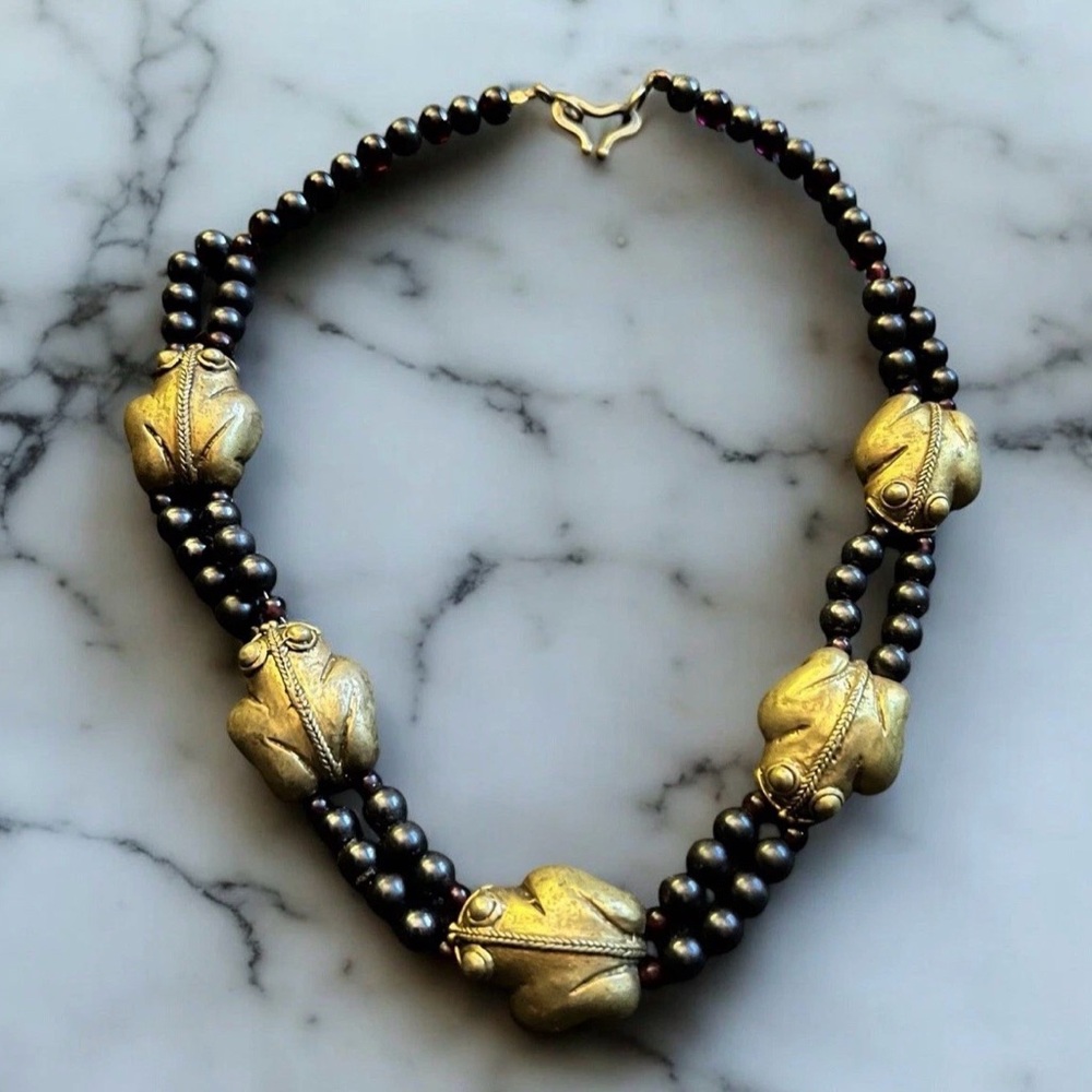 Vintage Pre Colombian Frog Gold Tone Onyx Garnet Beaded Necklace - Picture 5 of 16